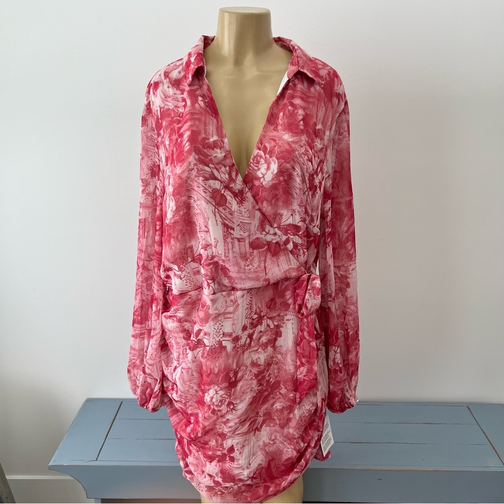 New ASOS Ruffle Chiffon Dress Sz 20 Long Sleeves Faux Wrap Toile Barbiecore